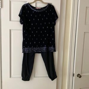 Navy outfit. Silk drawstring pants. Size S.  Matching jeweled top. Size XS.